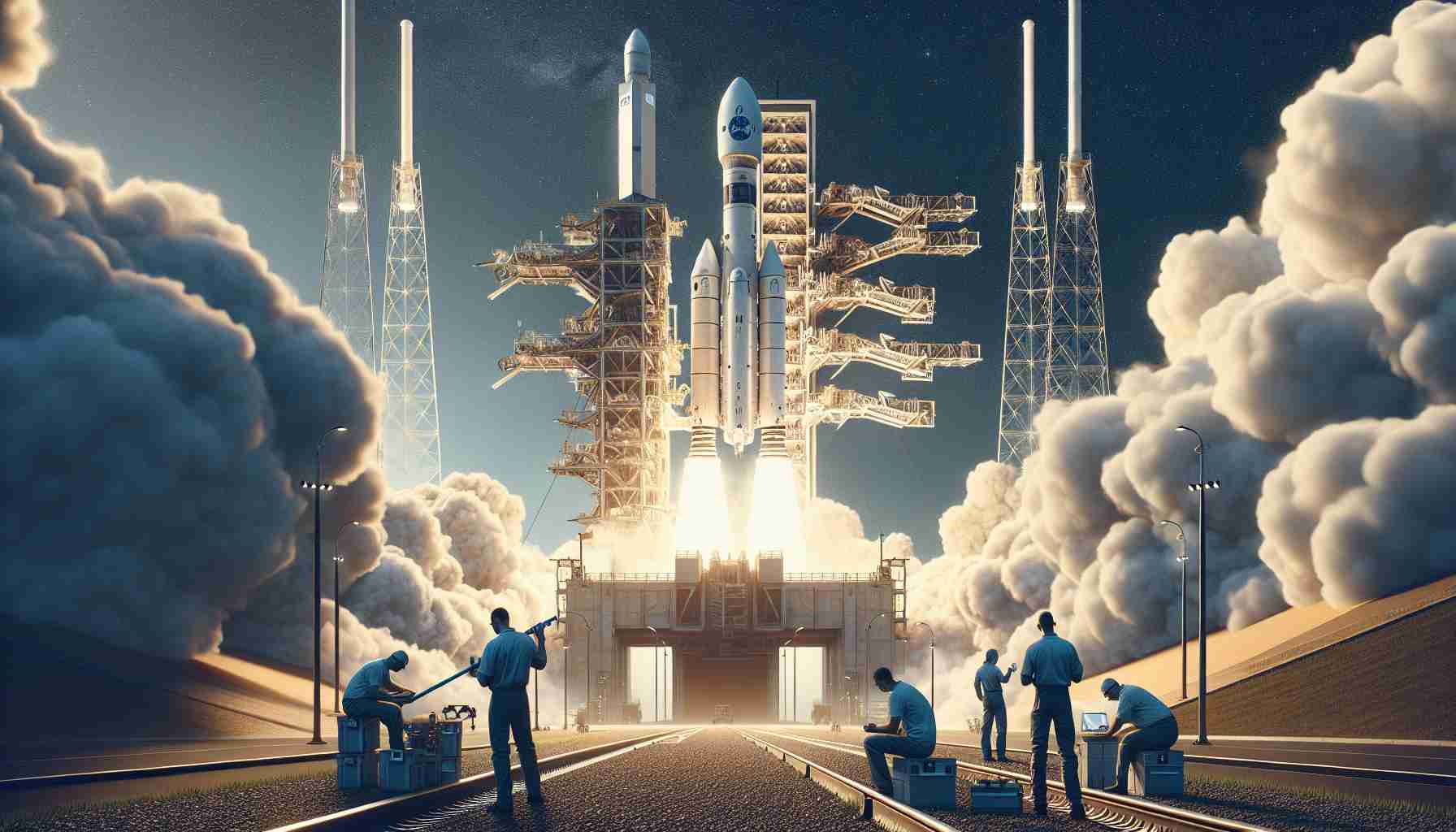 Generate a high-definition photorealistic image that showcases an impressive space launch. The theme focuses on a mission named 'Proba-3', which is designed to study the astronomical body known as the Sun. Possibly present the rocket set against a clear sky, poised on the launchpad, emitting plumes of vapor from the engines while engineers, a balanced mix of men and women from different descents such as Caucasian, Hispanic, and Middle-Eastern, work in the foreground, performing final checks before launch.