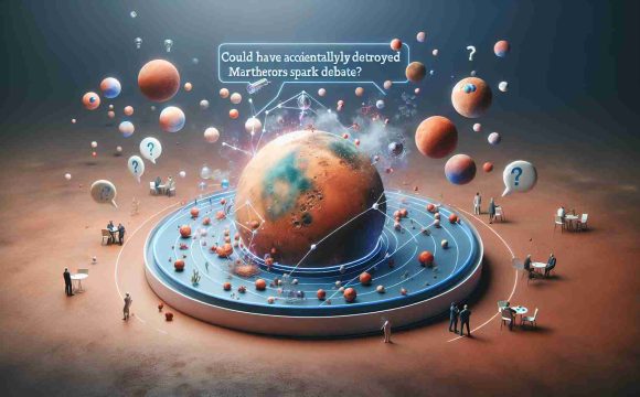 A realistic HD depiction that symbolizes the concept: 'Could We Have Accidentally Destroyed Martian Life? New Theories Spark Debate'. The visual may show a representation of Mars with some signs of damage, perhaps visualizations of tiny microbial life disappearing, alongside elements that evoke the sense of ongoing debate, like people engaging in discussion, or speech bubbles with opposing viewpoints. The overall feel should reflect a sense of contemplation and concern.