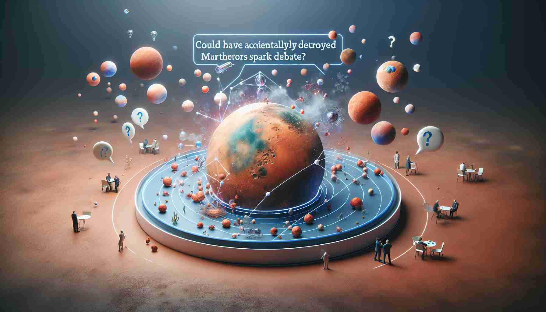 A realistic HD depiction that symbolizes the concept: 'Could We Have Accidentally Destroyed Martian Life? New Theories Spark Debate'. The visual may show a representation of Mars with some signs of damage, perhaps visualizations of tiny microbial life disappearing, alongside elements that evoke the sense of ongoing debate, like people engaging in discussion, or speech bubbles with opposing viewpoints. The overall feel should reflect a sense of contemplation and concern.