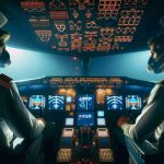 High-definition image of a commercial aircraft cockpit with Delta Air Lines logo. The control panels are lit up in the dimly illuminated space, emphasising the close quarters. The pilot and co-pilot in their uniforms are seen conferring with each other alertly, masks on, hinting at an unusual scent in the air. The mood is tense but focused, with a scene that suggests an unexpected episode during a flight.