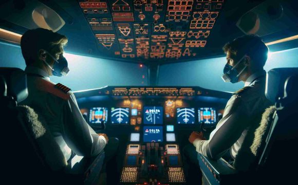 High-definition image of a commercial aircraft cockpit with Delta Air Lines logo. The control panels are lit up in the dimly illuminated space, emphasising the close quarters. The pilot and co-pilot in their uniforms are seen conferring with each other alertly, masks on, hinting at an unusual scent in the air. The mood is tense but focused, with a scene that suggests an unexpected episode during a flight.