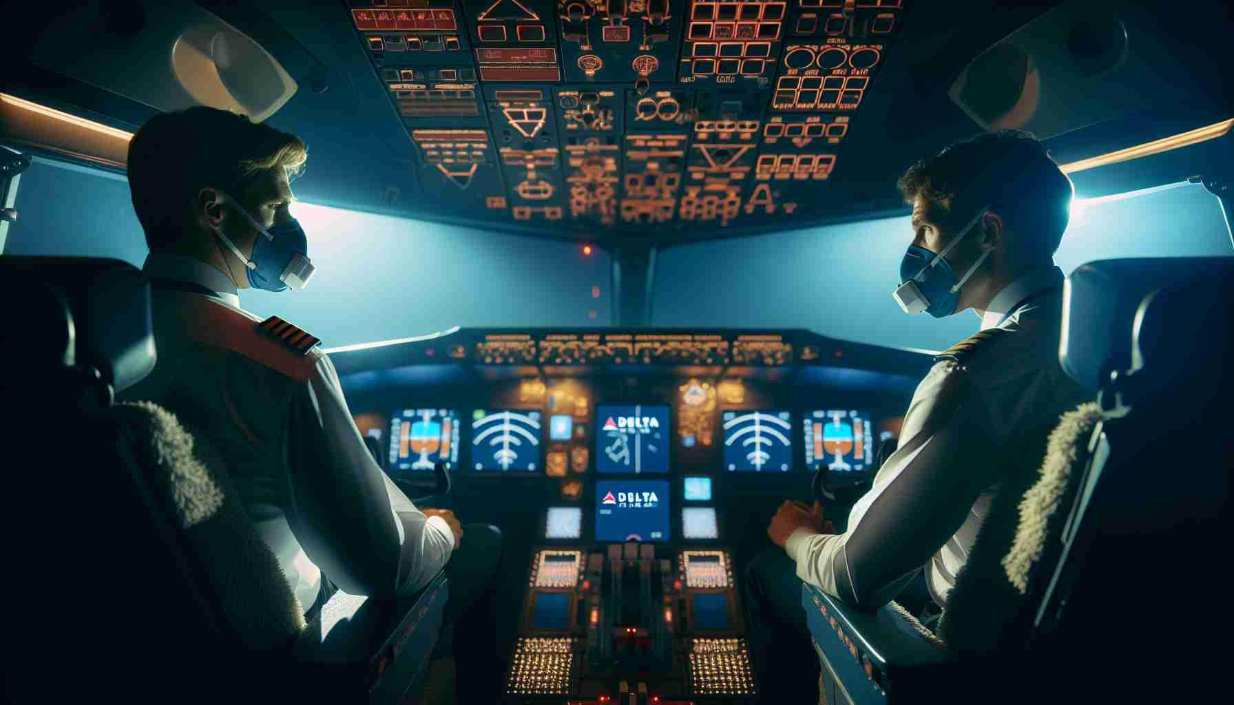 High-definition image of a commercial aircraft cockpit with Delta Air Lines logo. The control panels are lit up in the dimly illuminated space, emphasising the close quarters. The pilot and co-pilot in their uniforms are seen conferring with each other alertly, masks on, hinting at an unusual scent in the air. The mood is tense but focused, with a scene that suggests an unexpected episode during a flight.