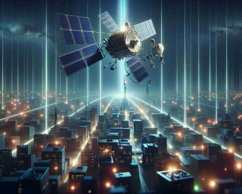 A high definition, realistic illustration displaying the revolution of cellular technology by a leading aerospace industry and a prominent telecommunication company. Depict a state-of-the-art satellite, emulating futuristic design, hovering in the night sky, casting beams of light that symbolize the signals. On the ground, a city in silhouette, showing varying rooftops lit with blinks of different colors, indicating the signals being received and sent. The scene captures the essence of the tech revolution led by these two industry giants.