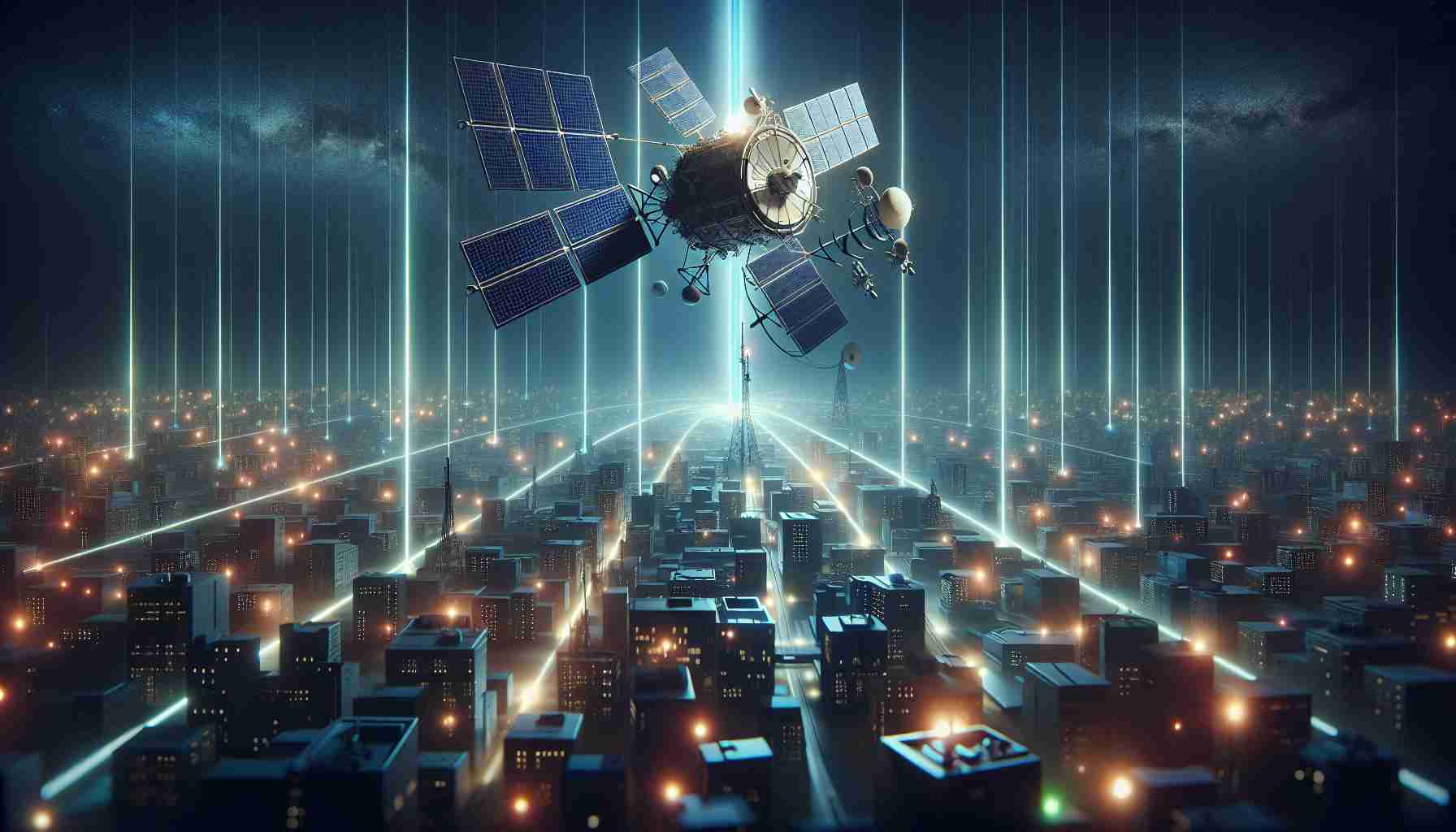 A high definition, realistic illustration displaying the revolution of cellular technology by a leading aerospace industry and a prominent telecommunication company. Depict a state-of-the-art satellite, emulating futuristic design, hovering in the night sky, casting beams of light that symbolize the signals. On the ground, a city in silhouette, showing varying rooftops lit with blinks of different colors, indicating the signals being received and sent. The scene captures the essence of the tech revolution led by these two industry giants.