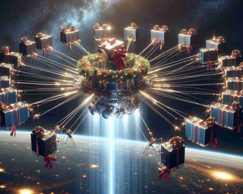 A high-definition, realistic image depicting the concept of a 'Black Friday Bonanza' for space internet. It could show a constellation of satellites, symbolic of the Starlink network, adorned with festive elements common during the holiday season such as ribbons, lights and wreaths. Perhaps a few satellites could be shown releasing signals befitting a major sale day, like sale tags or discounts in form of light beams. The vast expanse of the cosmos serves as background, with distant stars and galaxies augmenting the festive theme.