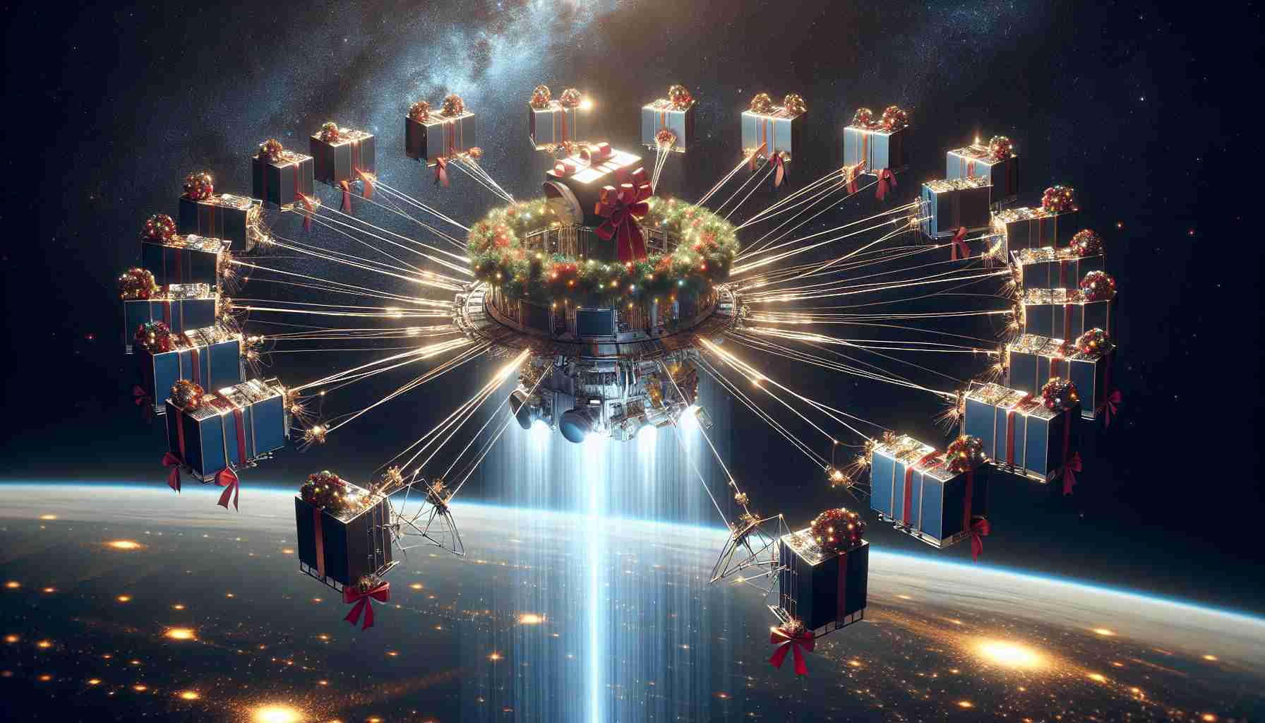 A high-definition, realistic image depicting the concept of a 'Black Friday Bonanza' for space internet. It could show a constellation of satellites, symbolic of the Starlink network, adorned with festive elements common during the holiday season such as ribbons, lights and wreaths. Perhaps a few satellites could be shown releasing signals befitting a major sale day, like sale tags or discounts in form of light beams. The vast expanse of the cosmos serves as background, with distant stars and galaxies augmenting the festive theme.