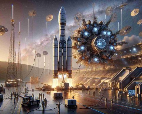 Detailed and realistic HD image of a future space mission, involving the launch of 23 new satellites. The scene includes a spacedock with complex futuristic technology, preparation crews bustling around, and 23 satellites attached to a colossal rocket named 'Starlink'. The rocket stands majestically against a beautiful sunrise sky, ready to be launched into the vastness of outer space.