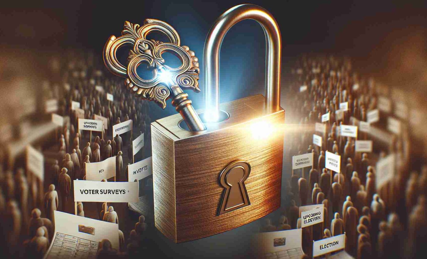 An image simulating a high definition photograph depicting the metaphor of 'unlocking key insights'. It portrays a large metallic key with intricate details, labeled 'Voter Surveys', finding its fit into a grand, golden lock, labeled 'Upcoming Elections'. The key is turning, and a bright light is emitting from the lock's keyhole, symbolizing the release of insights and foreshadowing the enlightening, predictive power of such surveys in electoral processes. Surrounding the lock and key, are blurred, faded images of anonymous people filling out surveys, maintaining the focus on the metaphorical elements in the foreground.