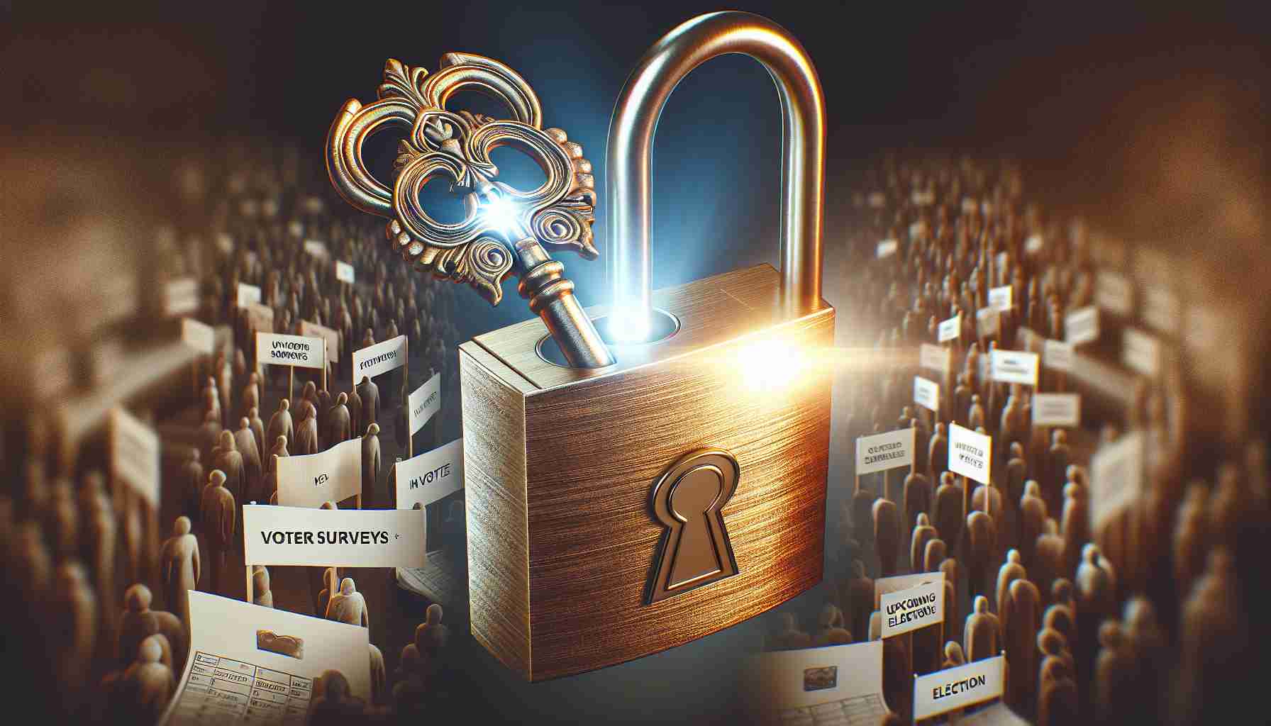 An image simulating a high definition photograph depicting the metaphor of 'unlocking key insights'. It portrays a large metallic key with intricate details, labeled 'Voter Surveys', finding its fit into a grand, golden lock, labeled 'Upcoming Elections'. The key is turning, and a bright light is emitting from the lock's keyhole, symbolizing the release of insights and foreshadowing the enlightening, predictive power of such surveys in electoral processes. Surrounding the lock and key, are blurred, faded images of anonymous people filling out surveys, maintaining the focus on the metaphorical elements in the foreground.