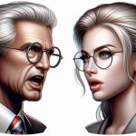 A high definition, realistic illustration of a heated political debate scene, consisting of a tall, silver-haired man with distinctive round glasses, and a blonde woman with sharp features. They are both expressing strong opinions, embodying the spirit of a high stakes political showdown.