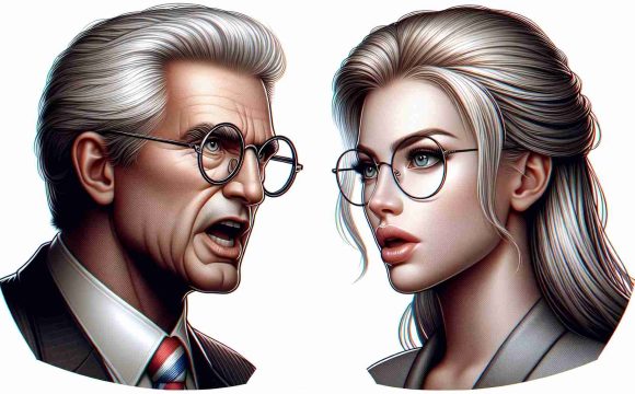 A high definition, realistic illustration of a heated political debate scene, consisting of a tall, silver-haired man with distinctive round glasses, and a blonde woman with sharp features. They are both expressing strong opinions, embodying the spirit of a high stakes political showdown.