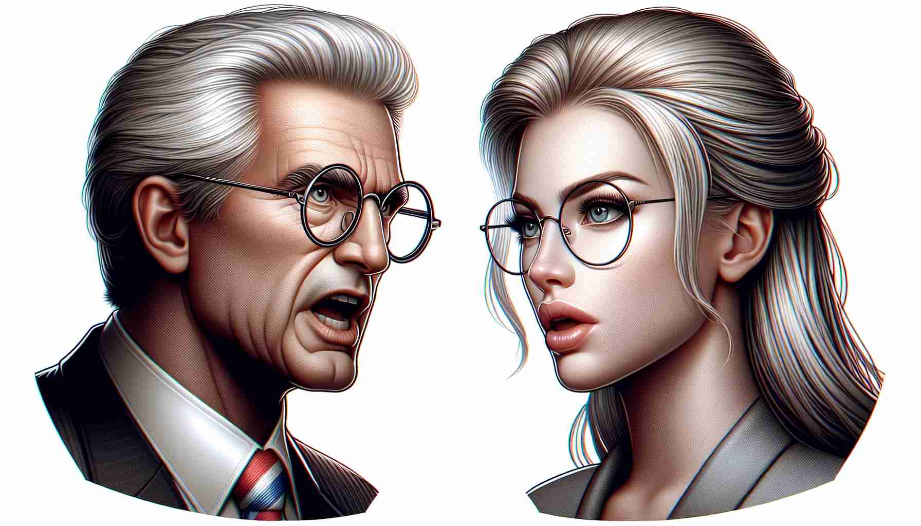 A high definition, realistic illustration of a heated political debate scene, consisting of a tall, silver-haired man with distinctive round glasses, and a blonde woman with sharp features. They are both expressing strong opinions, embodying the spirit of a high stakes political showdown.