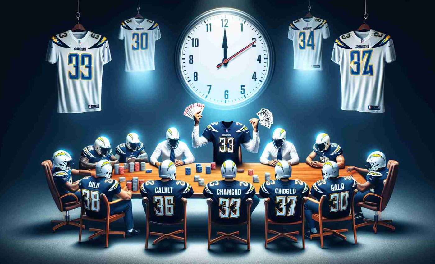 Create a high-definition realistic image representing a metaphorical scene of the Chargers (a team of athletes) re-shuffling their team roster in preparation for an impending trade deadline. The scene could show players' jerseys with no specific names on them, shuffled like a deck of cards, and a metaphorical deadline clock looming in the background.