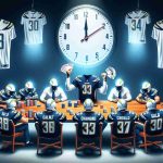 Create a high-definition realistic image representing a metaphorical scene of the Chargers (a team of athletes) re-shuffling their team roster in preparation for an impending trade deadline. The scene could show players' jerseys with no specific names on them, shuffled like a deck of cards, and a metaphorical deadline clock looming in the background.