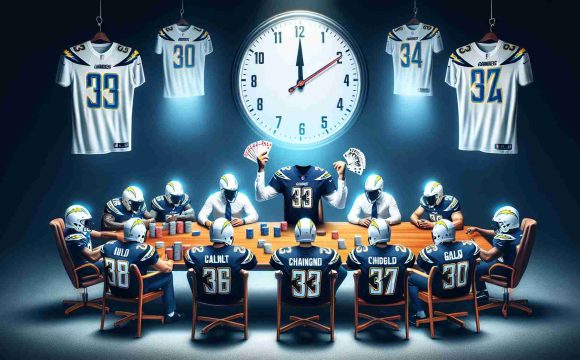 Create a high-definition realistic image representing a metaphorical scene of the Chargers (a team of athletes) re-shuffling their team roster in preparation for an impending trade deadline. The scene could show players' jerseys with no specific names on them, shuffled like a deck of cards, and a metaphorical deadline clock looming in the background.