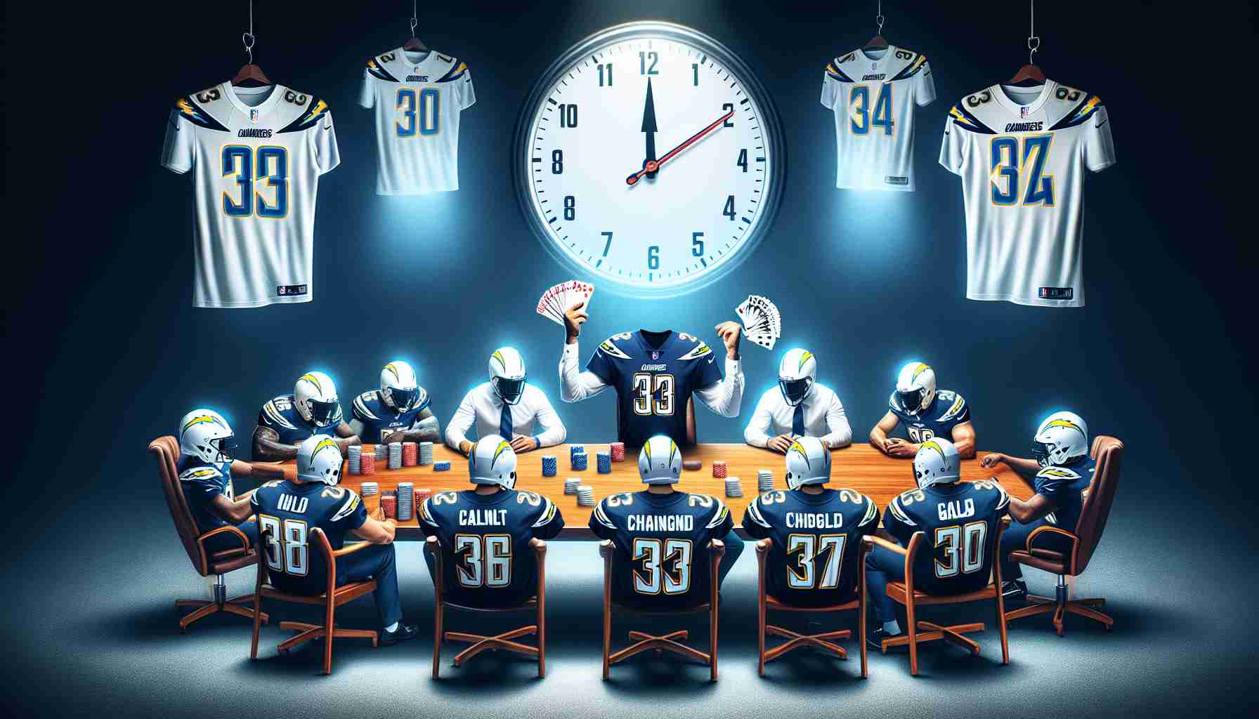 Create a high-definition realistic image representing a metaphorical scene of the Chargers (a team of athletes) re-shuffling their team roster in preparation for an impending trade deadline. The scene could show players' jerseys with no specific names on them, shuffled like a deck of cards, and a metaphorical deadline clock looming in the background.