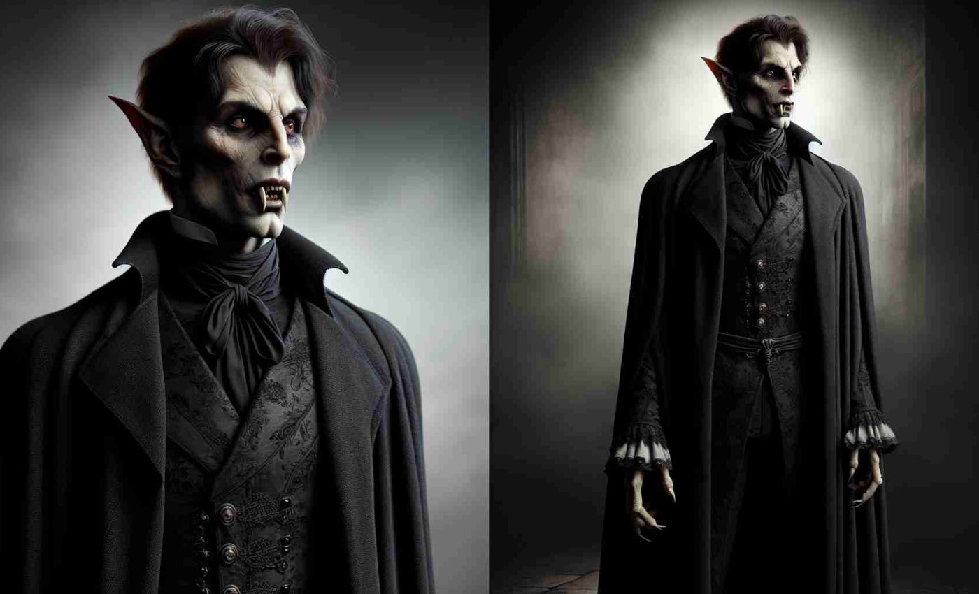 Realistic, high-definition image of a male character with traits inspired by classic horror figures. The character should have a tall, lean build, ghoulish facial features, prominent ears and fangs. He should be dressed in a long, black robe along the line of vintage period attire. Preferably, he should be captured in a haunting environment, such as a dimly lit gothic castle, thereby showcasing a chilling legacy.