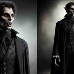 Realistic, high-definition image of a male character with traits inspired by classic horror figures. The character should have a tall, lean build, ghoulish facial features, prominent ears and fangs. He should be dressed in a long, black robe along the line of vintage period attire. Preferably, he should be captured in a haunting environment, such as a dimly lit gothic castle, thereby showcasing a chilling legacy.