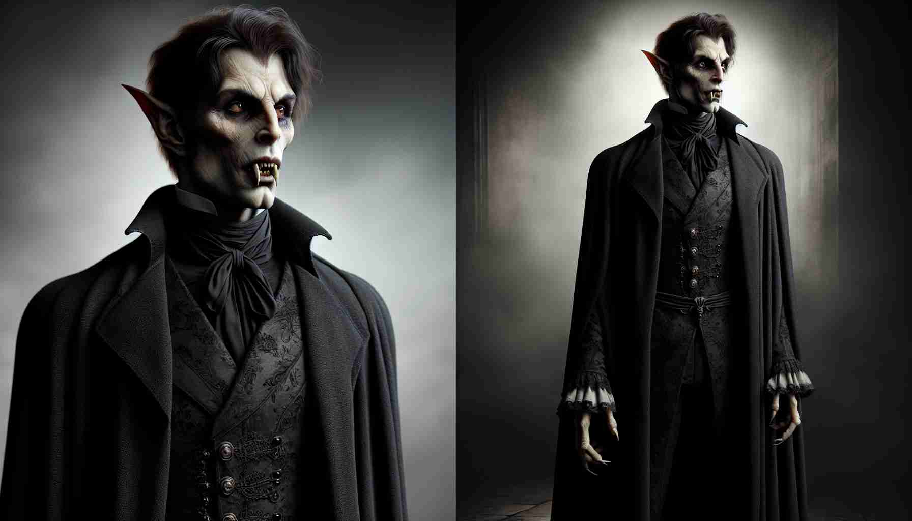 Realistic, high-definition image of a male character with traits inspired by classic horror figures. The character should have a tall, lean build, ghoulish facial features, prominent ears and fangs. He should be dressed in a long, black robe along the line of vintage period attire. Preferably, he should be captured in a haunting environment, such as a dimly lit gothic castle, thereby showcasing a chilling legacy.