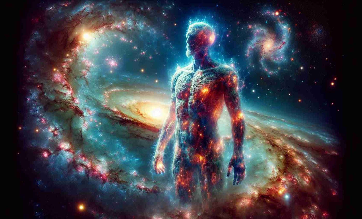 Create a high-definition, realistic image that portrays the concept of 'Ancient Giants.' These colossal, celestial beings embody the universe within them, challenging established theories about galactic formation. They stand tall amidst the cosmos, their bodies glowing with galaxies, radiant stars, and swirling nebulas. Their ethereal outlines echo with vivid interstellar clusters, illustrating a profound, surreal connection with the universe. This magnificent portrayal brings together the awe-inspiring grandeur of the cosmos and the mythical concept of Ancient Giants in a harmonious coexistence.