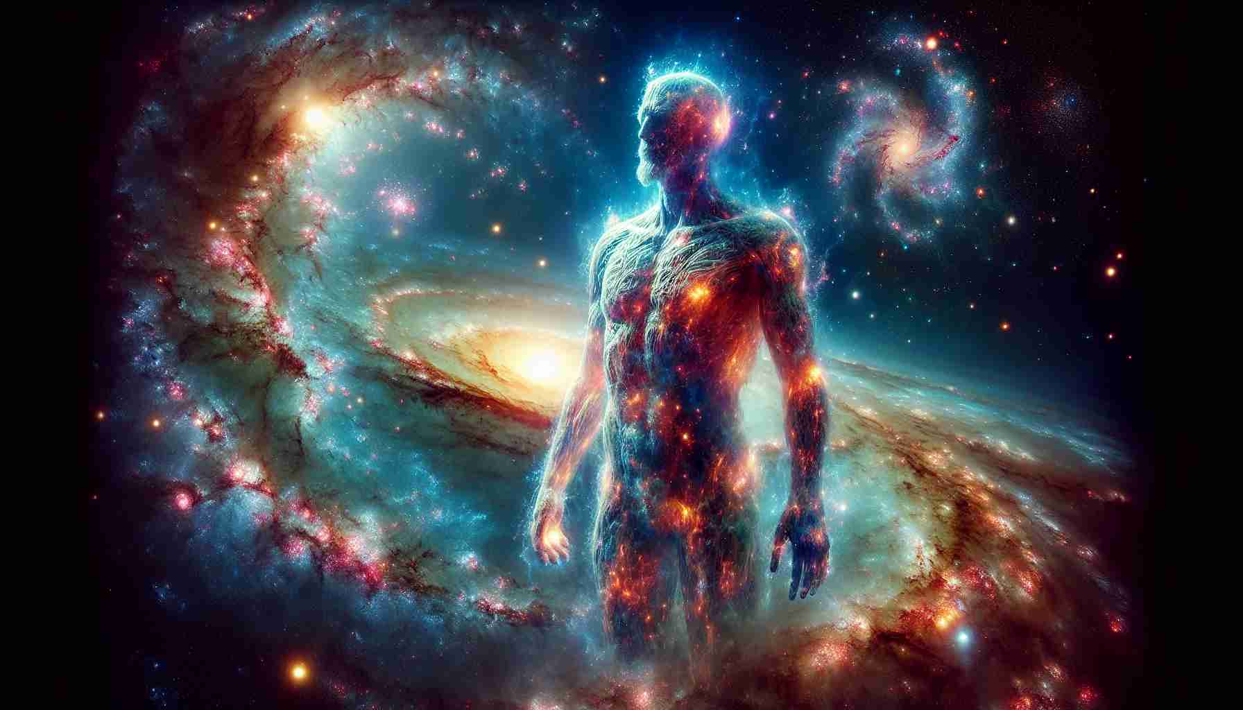 Create a high-definition, realistic image that portrays the concept of 'Ancient Giants.' These colossal, celestial beings embody the universe within them, challenging established theories about galactic formation. They stand tall amidst the cosmos, their bodies glowing with galaxies, radiant stars, and swirling nebulas. Their ethereal outlines echo with vivid interstellar clusters, illustrating a profound, surreal connection with the universe. This magnificent portrayal brings together the awe-inspiring grandeur of the cosmos and the mythical concept of Ancient Giants in a harmonious coexistence.