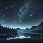 Create a realistic, high definition image of a peaceful nocturnal scene showcasing the return of the Leonid Meteor Shower. The sky should be ink black and punctuated by the iridescent streaks of meteors as they dart across the stellar skyline. The landscape below should contrast against the meteor shower, mostly remaining in the shadows but with prominent features subtly illuminated by the celestial light show.