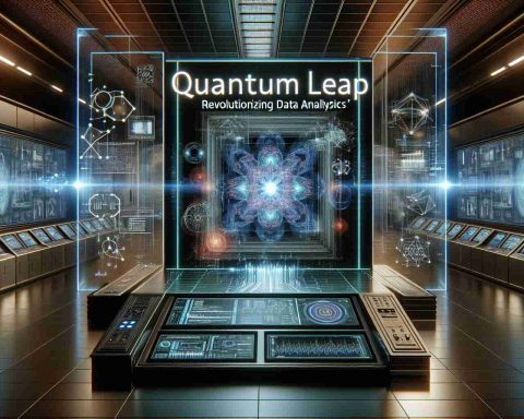 Create an image representing a cutting-edge technological breakthrough, symbolizing a 'Quantum Leap' in data analytics. This should be depicted as a futuristic control panel showing complex data streams, intricate algorithms, and advanced analytics tools on a high-resolution holographic display. The environment should suggest a high-tech lab with an ultra-modern design. Words 'Quantum Leap - Revolutionizing Data Analytics' hovering above the control panel in bold, sleek lettering.