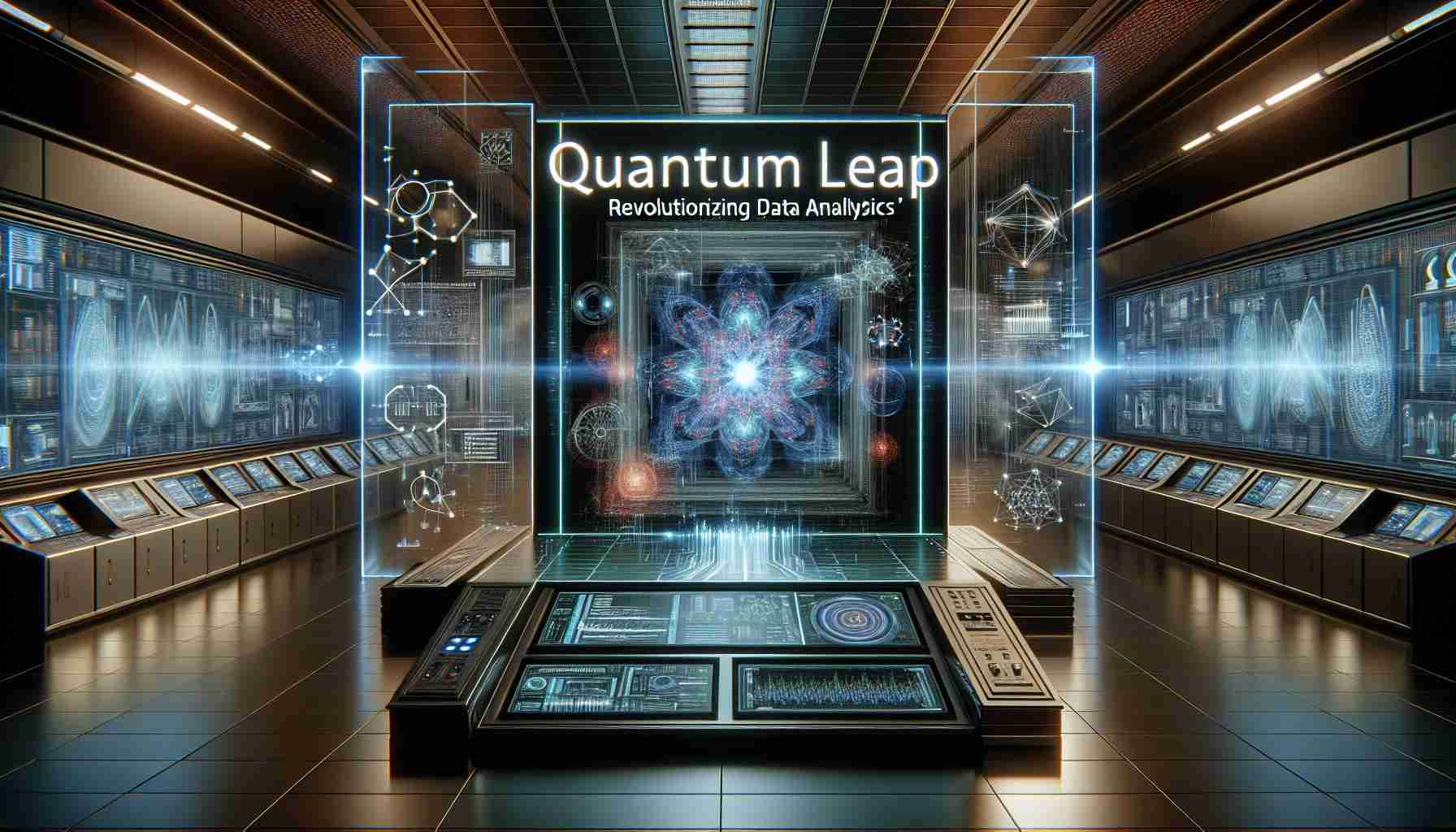 Create an image representing a cutting-edge technological breakthrough, symbolizing a 'Quantum Leap' in data analytics. This should be depicted as a futuristic control panel showing complex data streams, intricate algorithms, and advanced analytics tools on a high-resolution holographic display. The environment should suggest a high-tech lab with an ultra-modern design. Words 'Quantum Leap - Revolutionizing Data Analytics' hovering above the control panel in bold, sleek lettering.