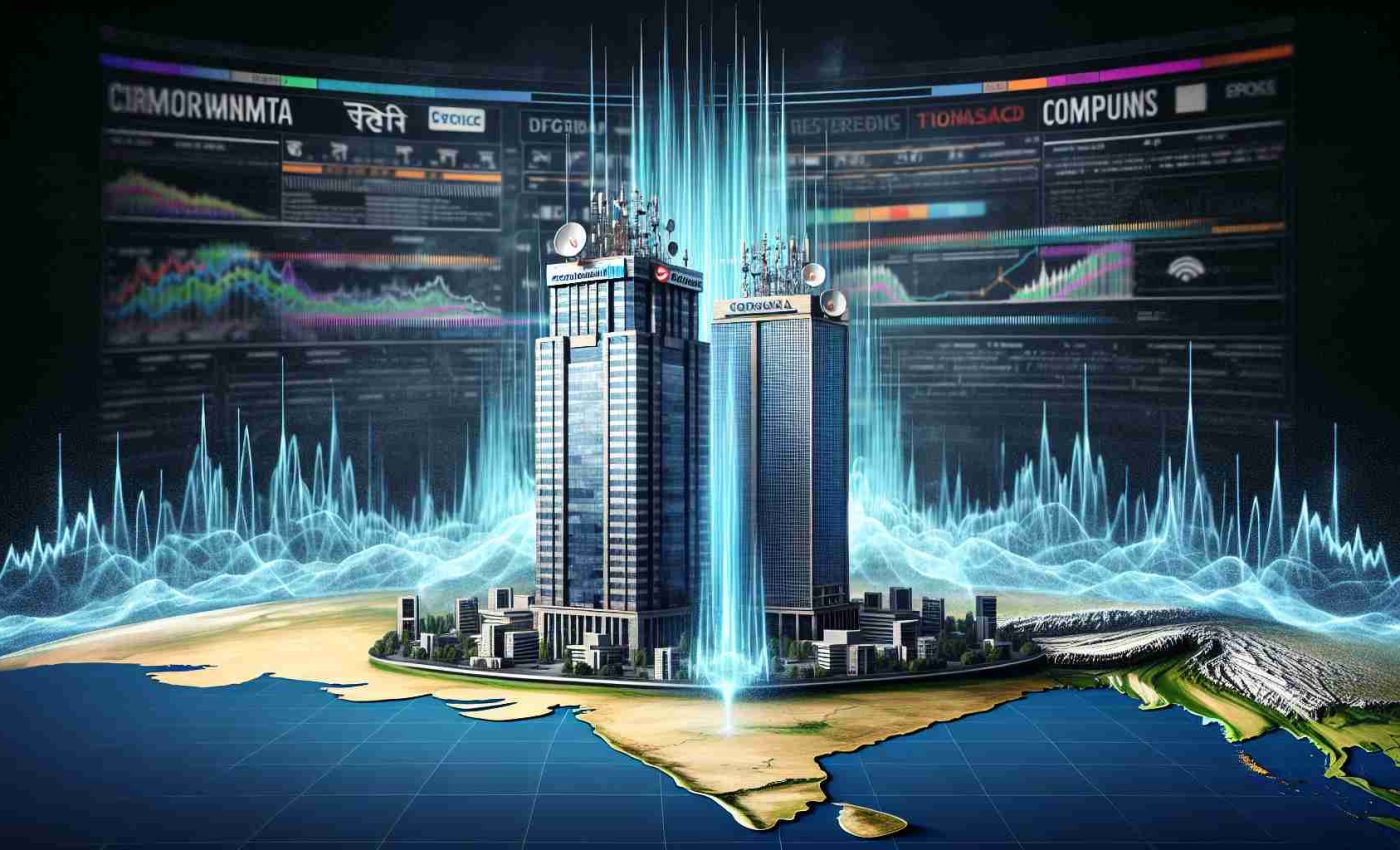 A realistic, high-definition image depicting the concept of a corporate battle over spectrum allocation in India. Two corporate behemoths depicted as high-rise buildings with corporate logos (generic, not real companies) stand tall on either side of a map of India. Between them, waves representative of wireless signals crisscross, visualizing the spectrum contention. Digitally generated headlines and tickers are displayed on a semi-transparent layer over the scene, reflecting the high tension and ongoing dispute.