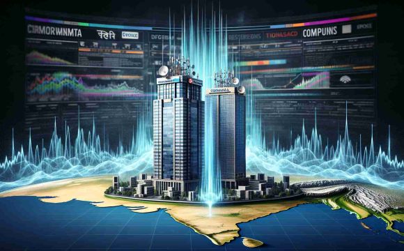 A realistic, high-definition image depicting the concept of a corporate battle over spectrum allocation in India. Two corporate behemoths depicted as high-rise buildings with corporate logos (generic, not real companies) stand tall on either side of a map of India. Between them, waves representative of wireless signals crisscross, visualizing the spectrum contention. Digitally generated headlines and tickers are displayed on a semi-transparent layer over the scene, reflecting the high tension and ongoing dispute.