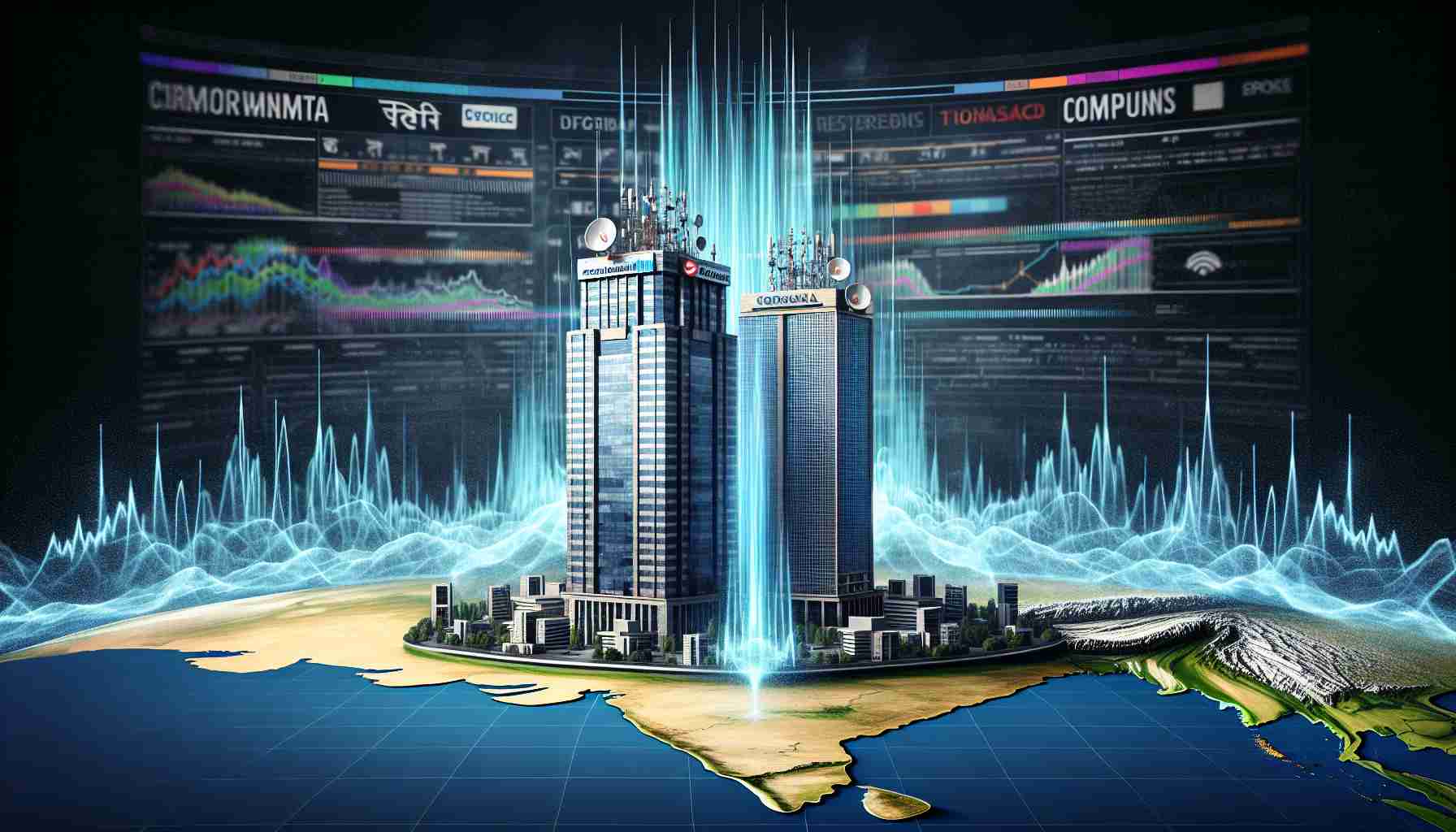 A realistic, high-definition image depicting the concept of a corporate battle over spectrum allocation in India. Two corporate behemoths depicted as high-rise buildings with corporate logos (generic, not real companies) stand tall on either side of a map of India. Between them, waves representative of wireless signals crisscross, visualizing the spectrum contention. Digitally generated headlines and tickers are displayed on a semi-transparent layer over the scene, reflecting the high tension and ongoing dispute.