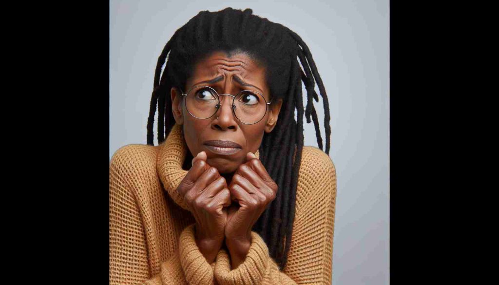 A HD photo of an African American woman with dreadlocks and glasses who is known for her humor and her acting abilities. She is in a situation of experiencing financial challenges, similar to many people. She expresses concern and worry, embodying the struggles faced by the ordinary person, showing that even renowned figures can have common monetary issues.