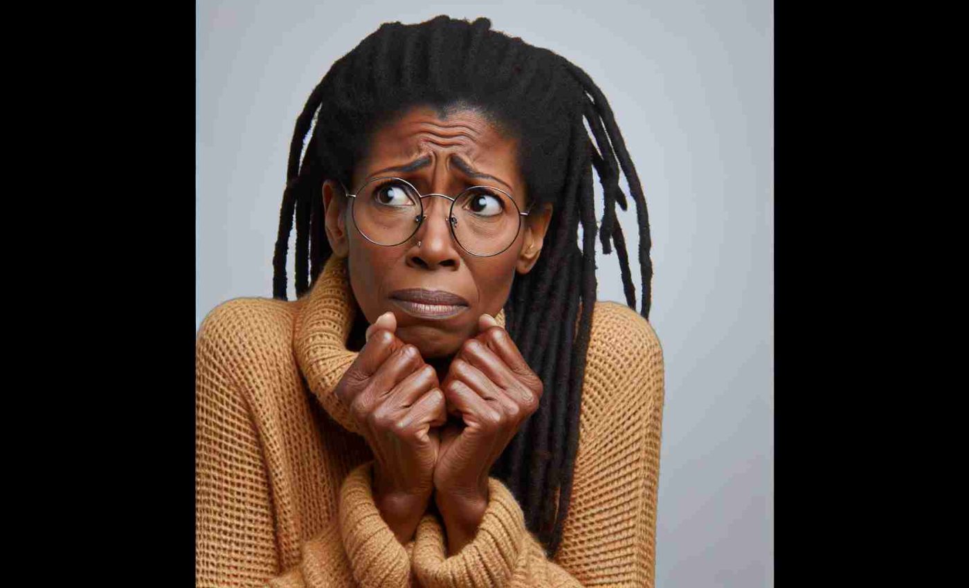 A HD photo of an African American woman with dreadlocks and glasses who is known for her humor and her acting abilities. She is in a situation of experiencing financial challenges, similar to many people. She expresses concern and worry, embodying the struggles faced by the ordinary person, showing that even renowned figures can have common monetary issues.