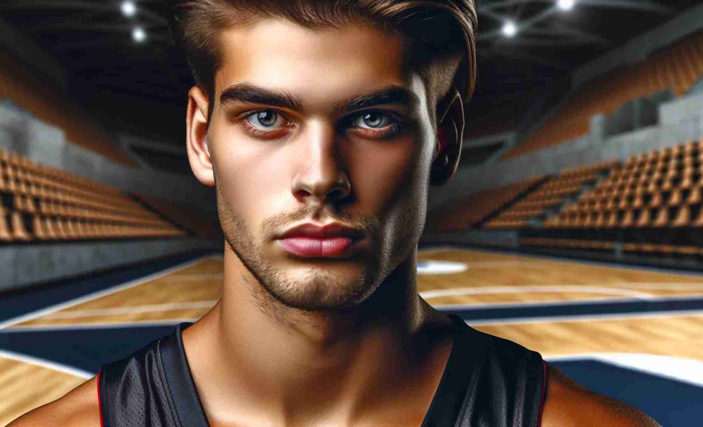 An HD photo of a prominent professional basketball player. This young athletic man has an imposing physique and displays an intense competitive spirit. His eyes reflect determination, potential, and a hint of concern. The background might suggest a basketball court with the phrase: 'The Key to Success or a Rising Concern?'