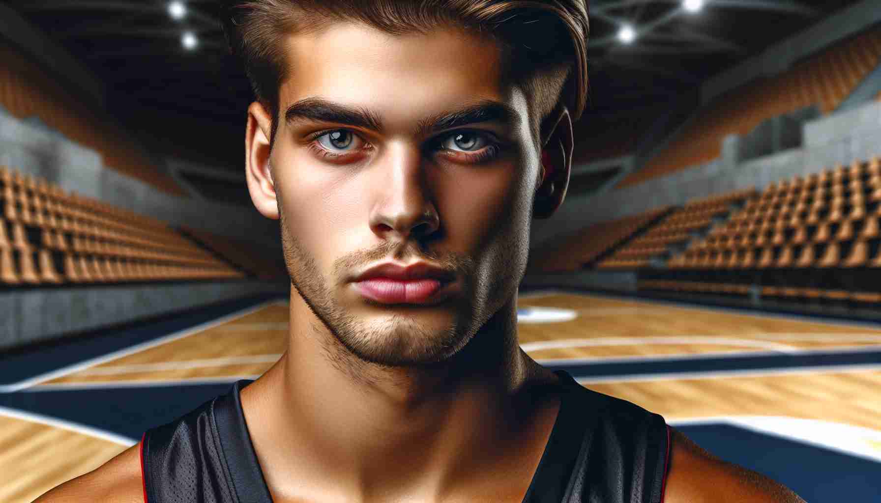 An HD photo of a prominent professional basketball player. This young athletic man has an imposing physique and displays an intense competitive spirit. His eyes reflect determination, potential, and a hint of concern. The background might suggest a basketball court with the phrase: 'The Key to Success or a Rising Concern?'