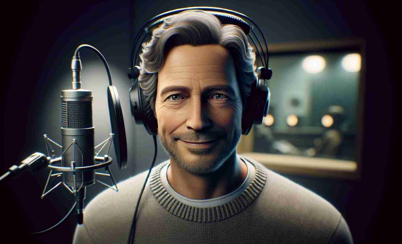 A realistic, high-definition representation of a middle-aged man, with gentle eyes and combed back hair. He's wearing a comfortable sweater and has headphones around his neck. He is standing behind a microphone in a sound recording studio. The studio lights cast a soft glow around him. His empathetic gaze and warm smile suggest that he is the voice behind many iconic phrases. A text overlay on the image reads: 'Remembering the voice behind the iconic phrase'. However, the man's actual identity is kept ambiguous.