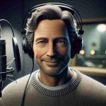 A realistic, high-definition representation of a middle-aged man, with gentle eyes and combed back hair. He's wearing a comfortable sweater and has headphones around his neck. He is standing behind a microphone in a sound recording studio. The studio lights cast a soft glow around him. His empathetic gaze and warm smile suggest that he is the voice behind many iconic phrases. A text overlay on the image reads: 'Remembering the voice behind the iconic phrase'. However, the man's actual identity is kept ambiguous.