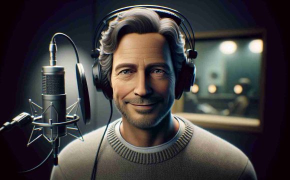 A realistic, high-definition representation of a middle-aged man, with gentle eyes and combed back hair. He's wearing a comfortable sweater and has headphones around his neck. He is standing behind a microphone in a sound recording studio. The studio lights cast a soft glow around him. His empathetic gaze and warm smile suggest that he is the voice behind many iconic phrases. A text overlay on the image reads: 'Remembering the voice behind the iconic phrase'. However, the man's actual identity is kept ambiguous.