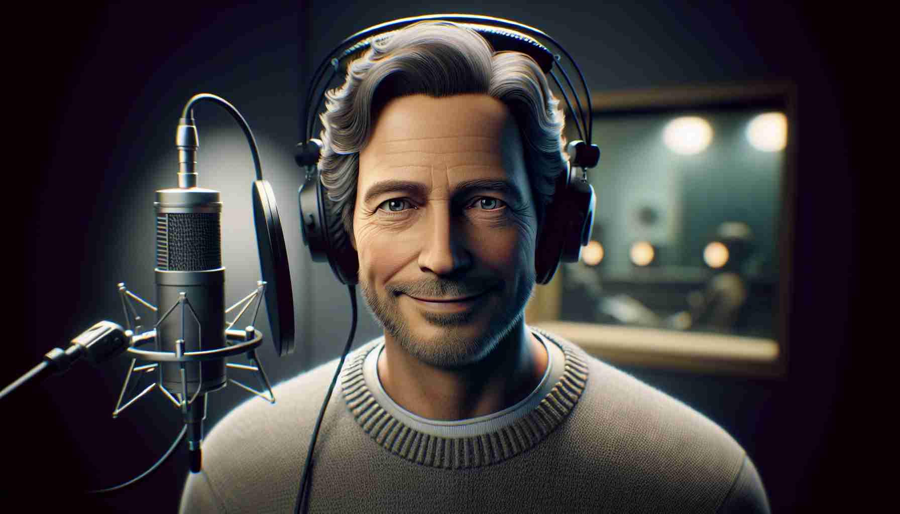 A realistic, high-definition representation of a middle-aged man, with gentle eyes and combed back hair. He's wearing a comfortable sweater and has headphones around his neck. He is standing behind a microphone in a sound recording studio. The studio lights cast a soft glow around him. His empathetic gaze and warm smile suggest that he is the voice behind many iconic phrases. A text overlay on the image reads: 'Remembering the voice behind the iconic phrase'. However, the man's actual identity is kept ambiguous.