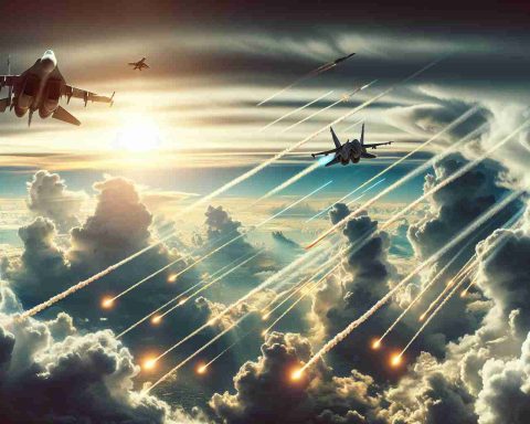 Create a realistic high-definition image representing a hypothetical scenario titled 'Ukraine Strikes Deep: A Bold Move into Russian Airspace'. It could be a dramatic sky filled with fighter jets maneuvering tactically amidst clouds, tracer bullets streaking across the sky, and defense systems on the ground sending out flares and missiles. A picture that encapsulates the tension and high stakes of international air warfare.