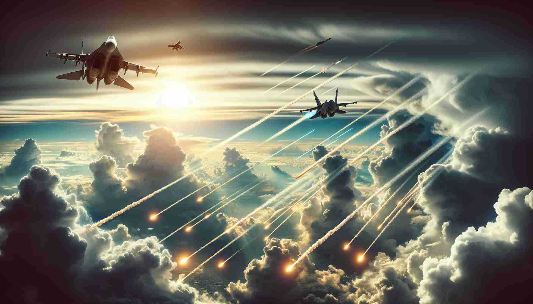 Create a realistic high-definition image representing a hypothetical scenario titled 'Ukraine Strikes Deep: A Bold Move into Russian Airspace'. It could be a dramatic sky filled with fighter jets maneuvering tactically amidst clouds, tracer bullets streaking across the sky, and defense systems on the ground sending out flares and missiles. A picture that encapsulates the tension and high stakes of international air warfare.