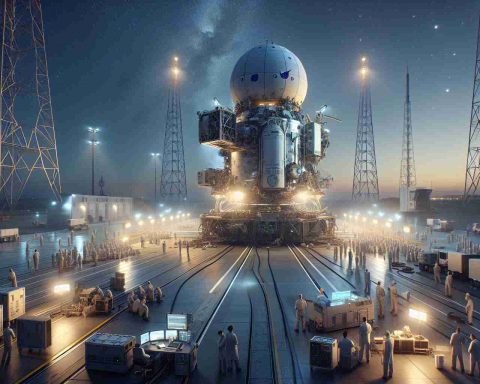 High-definition, realistic depiction of a significant delay in a major space mission from the European Space Agency. Visualize the scene with a large, unmanned, high-tech spacecraft on the launchpad, immobile and surrounded by engineers and scientists who are working diligently to solve the problems causing the delay. The evening sky is wide, filled with stars. The atmosphere is one of focused concern but relentless determination.