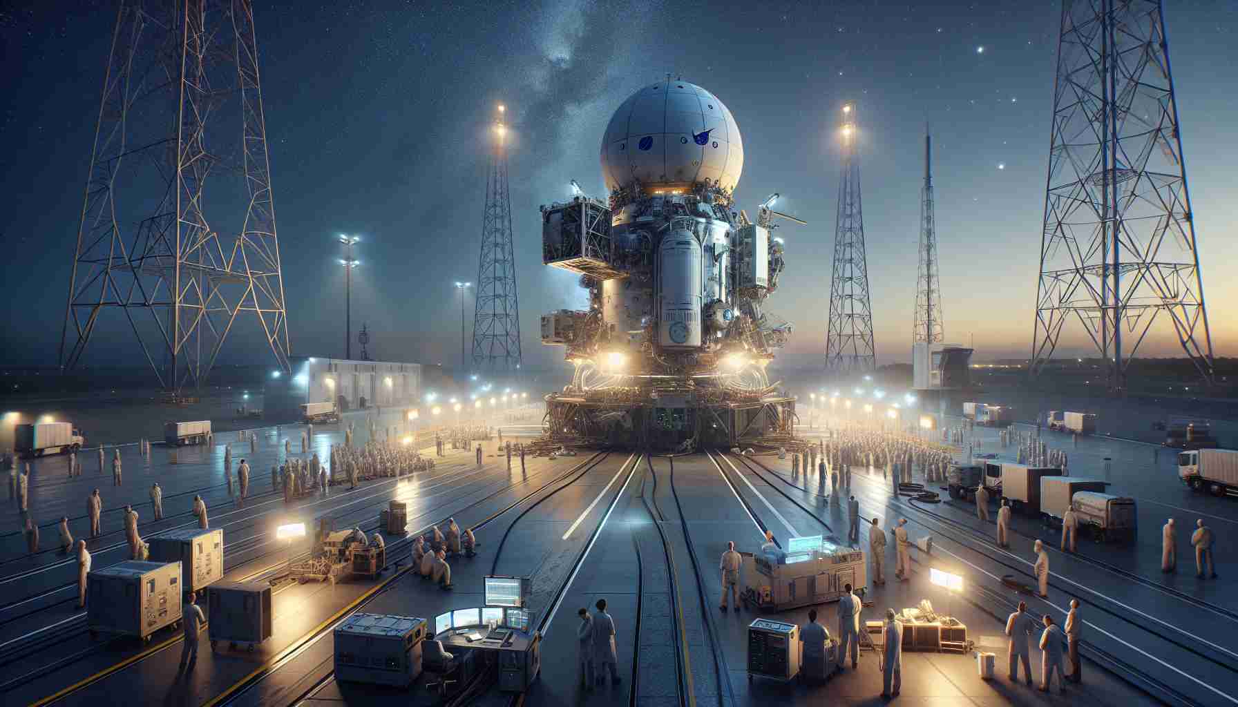 High-definition, realistic depiction of a significant delay in a major space mission from the European Space Agency. Visualize the scene with a large, unmanned, high-tech spacecraft on the launchpad, immobile and surrounded by engineers and scientists who are working diligently to solve the problems causing the delay. The evening sky is wide, filled with stars. The atmosphere is one of focused concern but relentless determination.