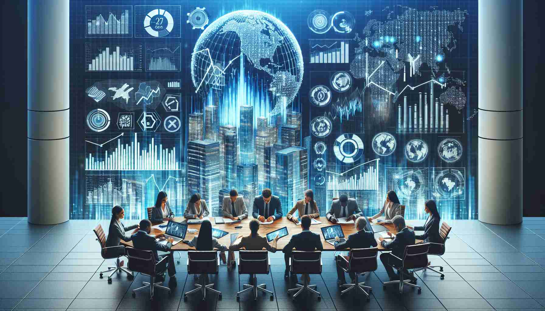 Generate a high-definition realistic image representing the concept of investors shifting their strategies, with indications of major stake changes in a fictional telecommunications company. Depict a diverse group of investors around a table where they are discussing and examining documents related to stocks and investments. It might include charts, infographics, and other visual elements to display the increase and decrease in interests.