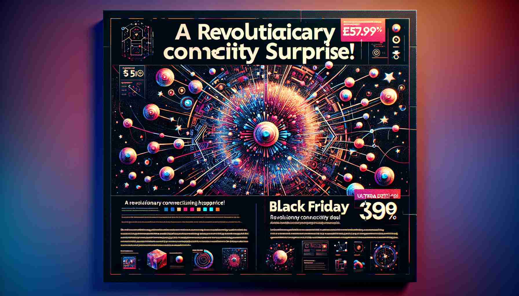 An ultra high-details image showcasing a themed advertisement for a revolutionary connectivity deal happening on Black Friday. The theme is based on an abstract concept of a starlink, composed of vividly illustrated interconnected stars scattered across a dark celestial background. There is bold typography announcing the 'Black Friday Surprise!' with visually appealing details and highlights to imply an unbeatable deal. Also, please feature some symbolic elements to denote innovation and the notion of revolutionizing connectivity.