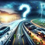 A high-definition, photorealistic illustration symbolizing the uncertain future of Electric Vehicle (EV) stocks. On one side, depict a smooth, illuminated highway representing 'Electric Dreams,' with futuristic EV designs speeding ahead, showcasing potential prosperity and technological advancement. On the other side, showcase 'Bumpy Roads' with thorny obstacles and turbulent weather, symbolizing challenges and uncertainties faced by EV markets, such as regulatory hurdles and competition. A large question mark hovering over the scene symbolizes the unpredictability of the EV stock market.