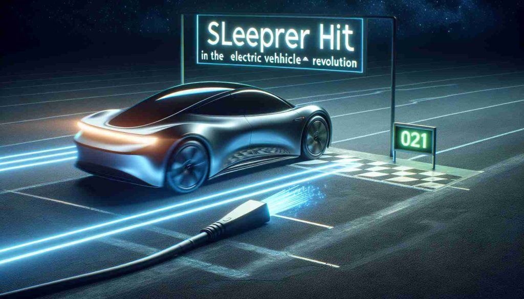 A high definition, realistic image representing the metaphor of Lucid Motors as a 'sleeper hit' in the electric vehicle revolution. The image should convey the idea of latent potential being awakened, focusing on the progressive innovation that lies within the future of electric vehicles. Perhaps depict a sleek, modern electric car situated on a technologically advanced starting line, as if it's preparing for a high-stakes race, subtly illuminating in its surroundings the hints of environmentally-friendly, futuristic innovations.