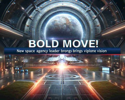 Generate a realistic, high-resolution image of a news headline saying 'Bold Move! New Space Agency Leader Brings Fresh Vision', featuring an image of a futuristic-looking space center in the background.