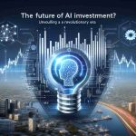 Create a high-definition, realistic image of a futuristic concept representing AI investment, centering around a non-specific tech company. The image should depict elements such as a graph rising upward, computer code, AI technology symbols and futuristic cityscape. Also include a banner with the text, 'The Future of AI Investment? Unveiling a Revolutionary Era'.