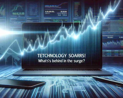 Generate a realistic, high-definition image that illustrates the concept of a surge in the stock value of a generic technology company, depicted through a surging line graph on a digital stock market screen. The words 'Technology Stock Soars! What's Behind the Surge?' should be prominently featured.